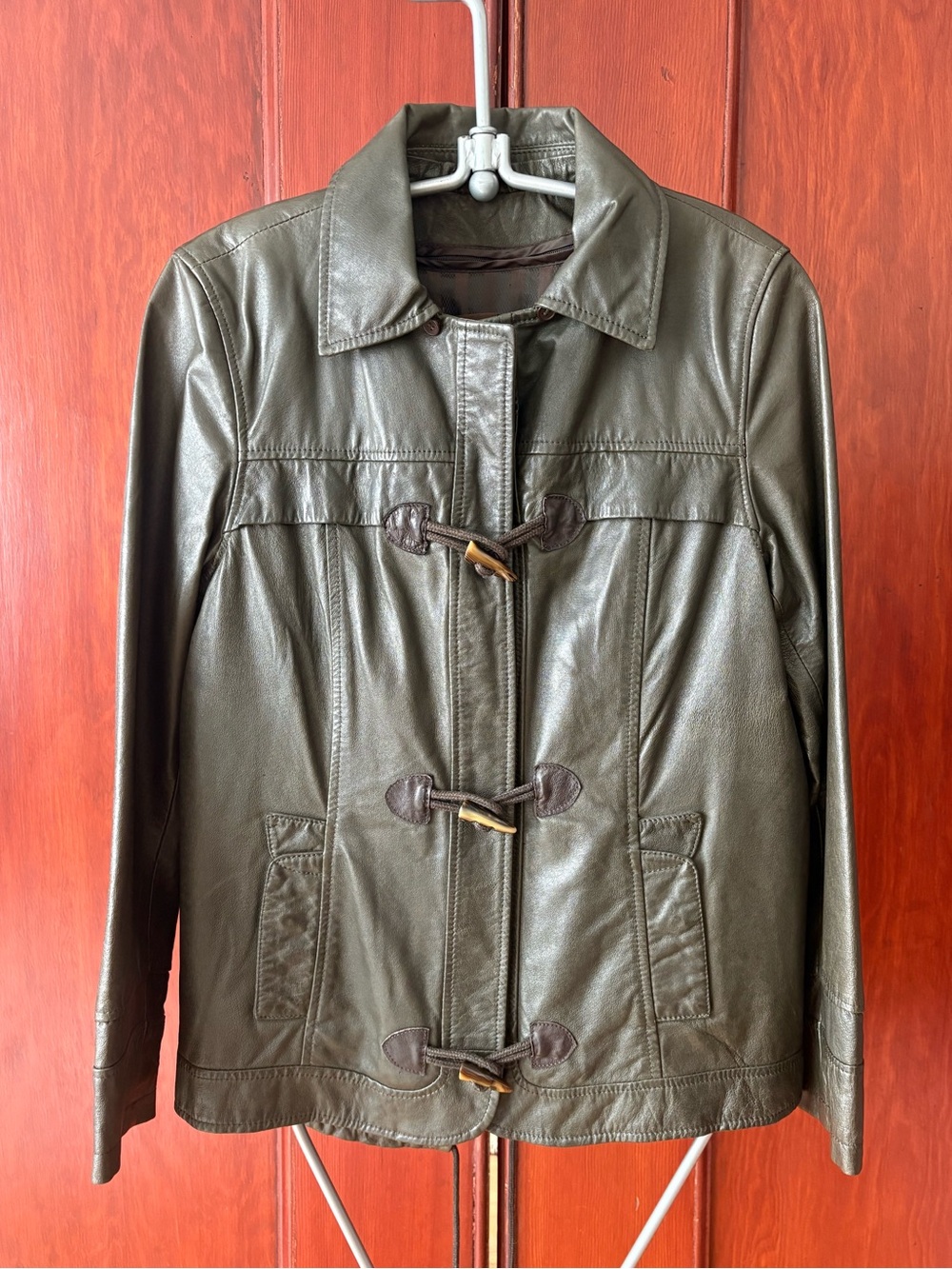 Danier Olive Green Leather Toggle Coat: XS, Removable Lining